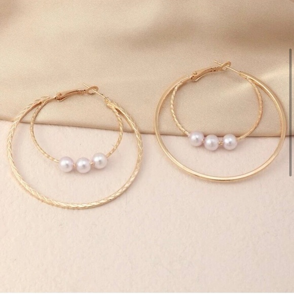 LAST PAIR: Gold layered pearl hoop earrings - Picture 2 of 4